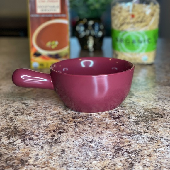 Rae Dunn “Soup” bowl w handle. Burgundy, white lettering, Microwave & Oven safe - Picture 3 of 10